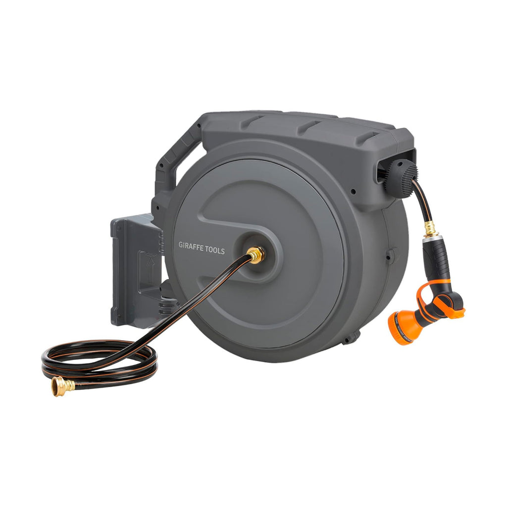 Giraffe Tools Retractable Garden Hose Reel 1/2"130FT Metal Bracket | Any Length Lock,Auto Rewind System,Wall Mount,180°