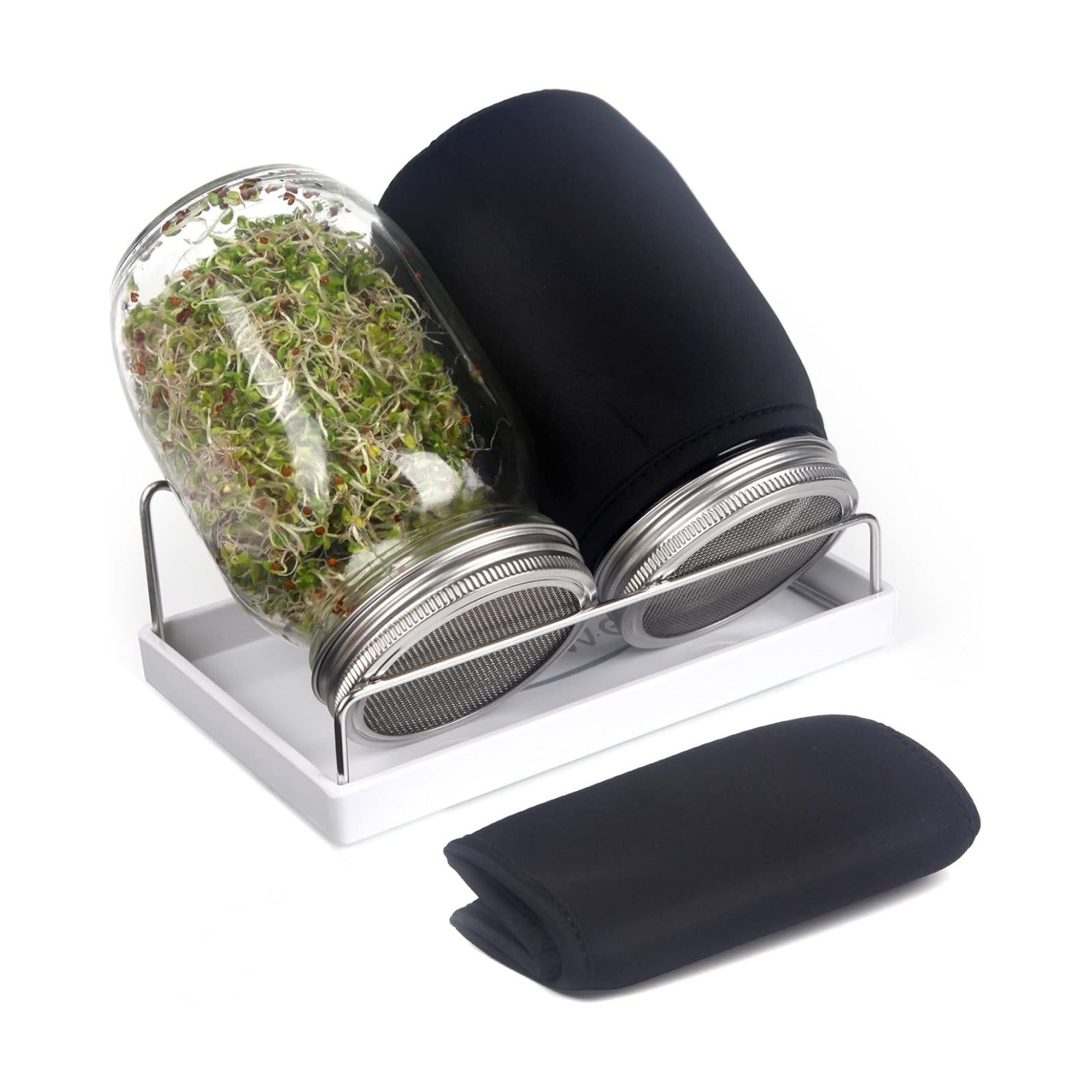 Sprouting Jar Kit-2 Wide Mouth Quart Mason Jars with 316 Stainless Steel Screen Sprout Lids, Drip Tray, Stand | Seed