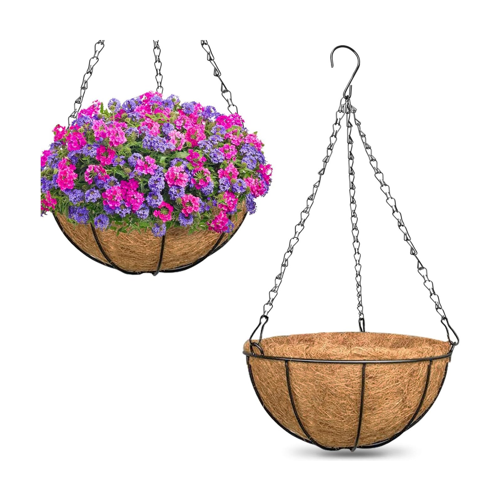 2 Pack 14 Inch Hanging Baskets for Plants Outdoor, Metal Wire Round Planters with Coco Liner, Hanging Flower Baskets