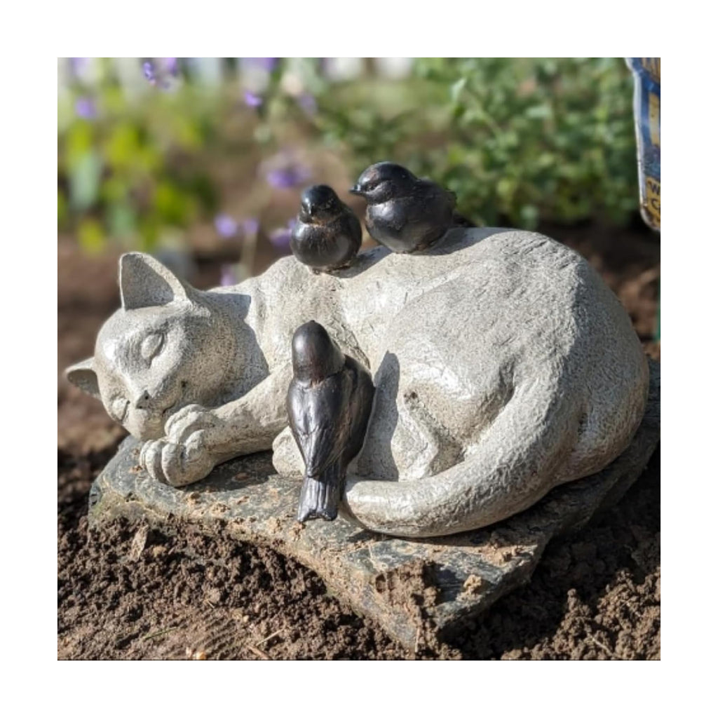 Sleeping Cat Garden Statues Outdoor - 12" Sparrows On Cat Figurine Memorial Statue Grave Markers Garden Resin Statues