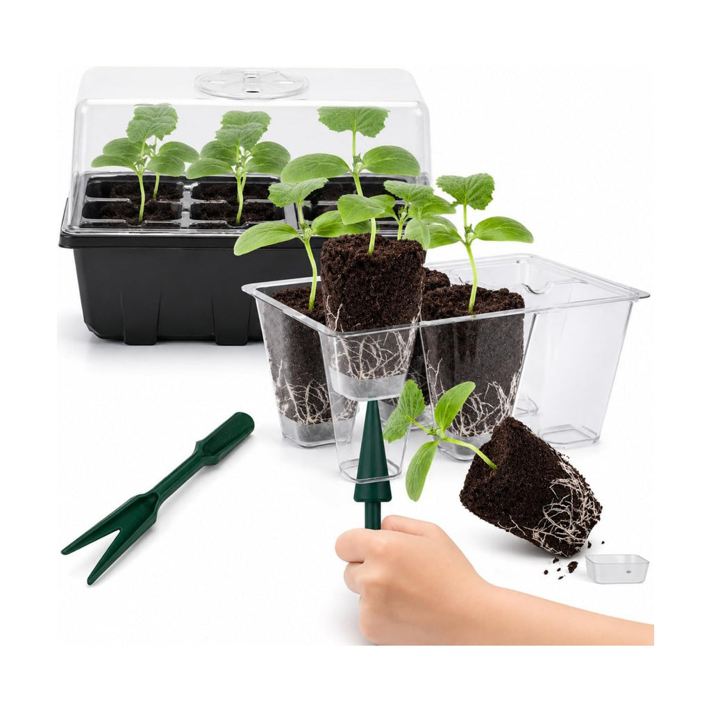 Gardzen 10 Pack Push-Up Seed Starting Tray, Pop Up Plant Germination Trays, Seed Starter Kit with Adjustable Humidity Vented Dome, 6.6" x 4.5", Total 120-Cell, Clear