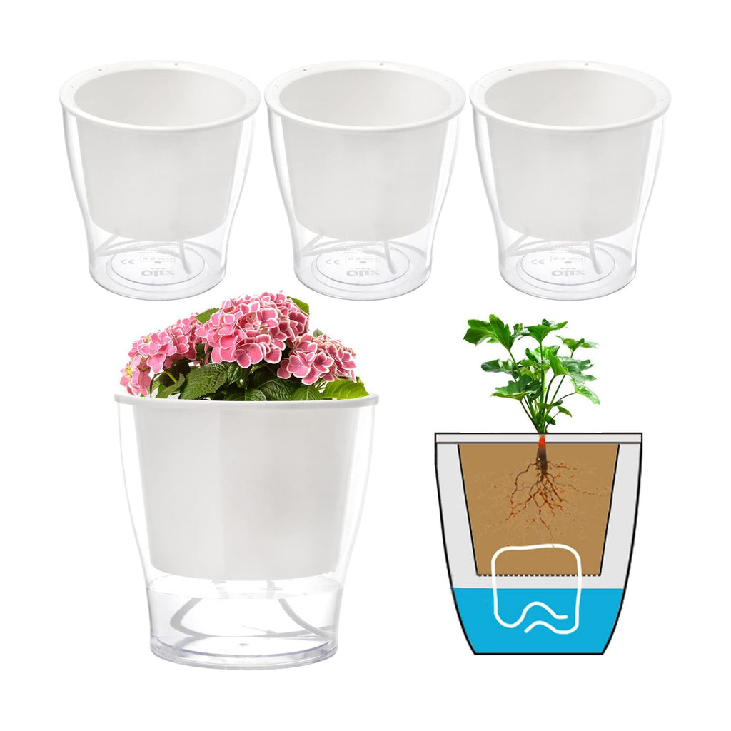 ZOOFOX 4 Pack Self Watering Pots for Indoor Plants, 7 Inch Large Clear Plastic Automatic-Watering Plant Pot, Modern