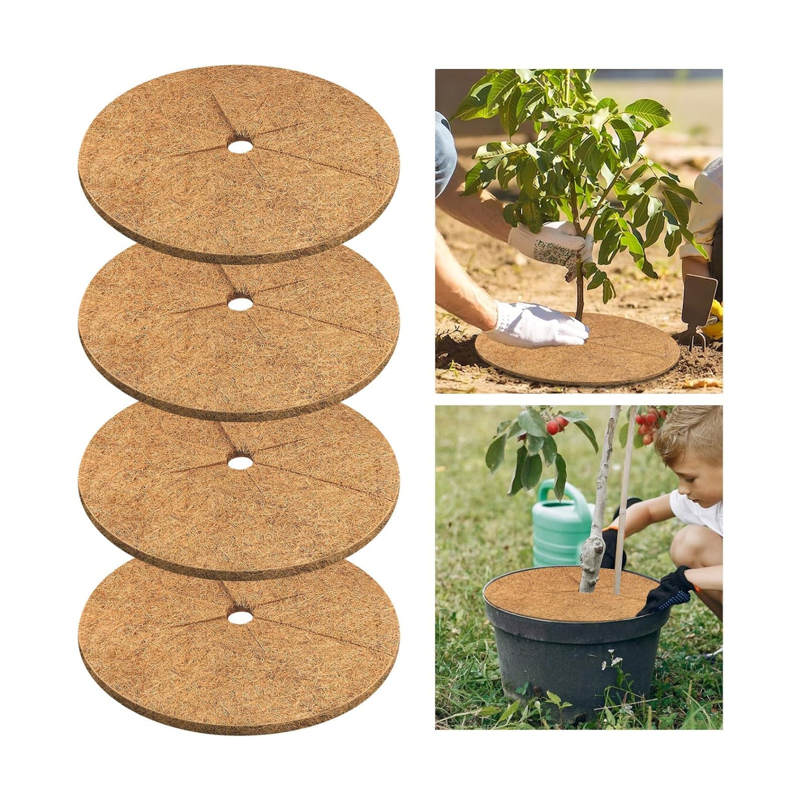 4 Pack Coconut Fiber Mulch Ring Tree Plant Protector Mat, 24 Inch | Natural Coco Coir Tree Mulch Ring Plant Pot Soil