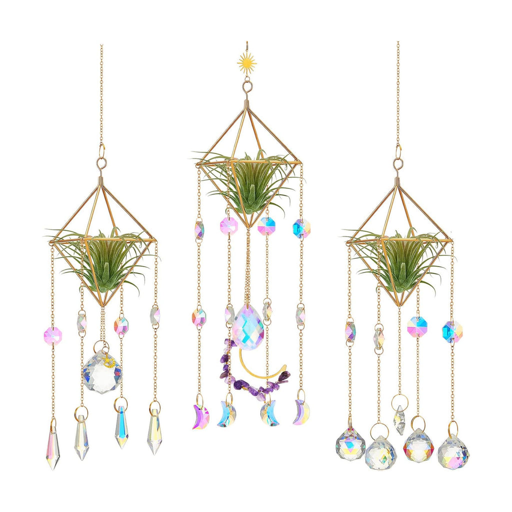 Yookeer 3 Pcs Hanging Air Plant Holder Rustic Style Air Plant Rack Hanger with Crystal Pendant and Chain Golden