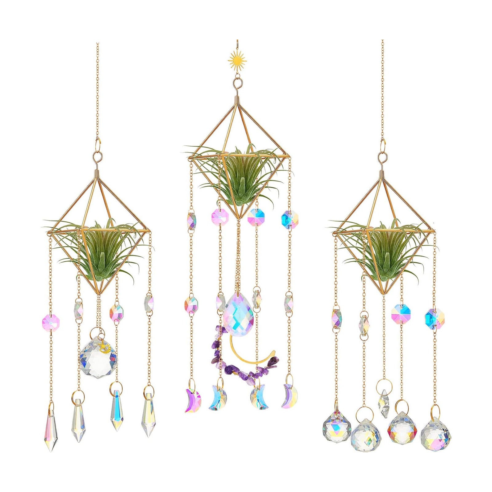 Yookeer 3 Pcs Hanging Air Plant Holder Rustic Style Air Plant Rack Hanger with Crystal Pendant and Chain Golden