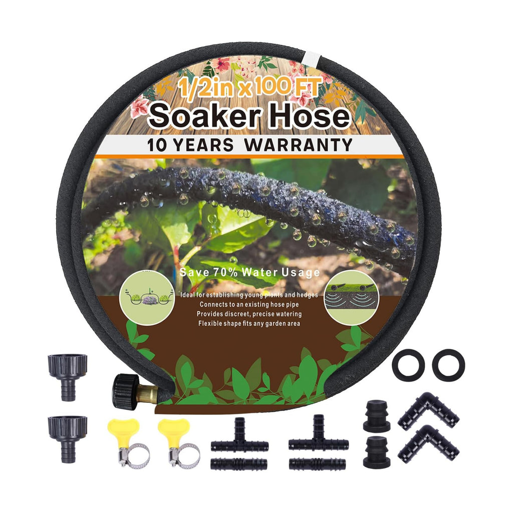 1/2’’ Soaker Hose 100 ft for Garden Beds, Heavy Duty Soaker Hoses with Kits for Water Saving, Rubber Garden Watering