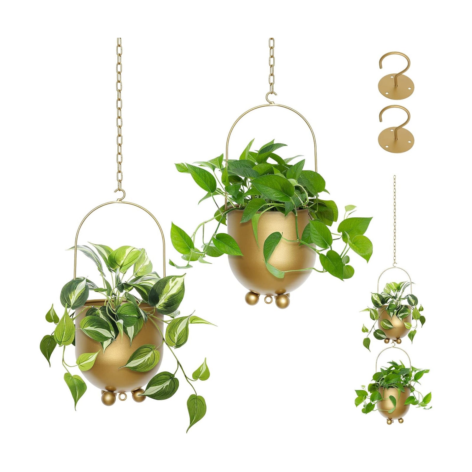 AceList Boho Gold Metal Hanging Planters, Set of 2 with Hooks & Chains - Versatile Wall & Ceiling Plant Hangers for