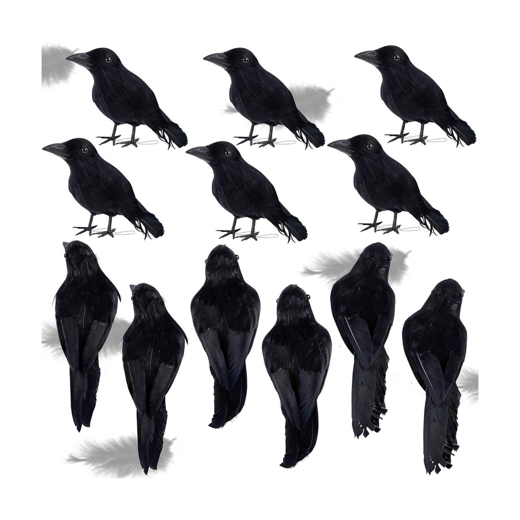 ATDAWN 12 Pack Halloween Black Feathered Crows, Realistic Looking Halloween Birds Decoration