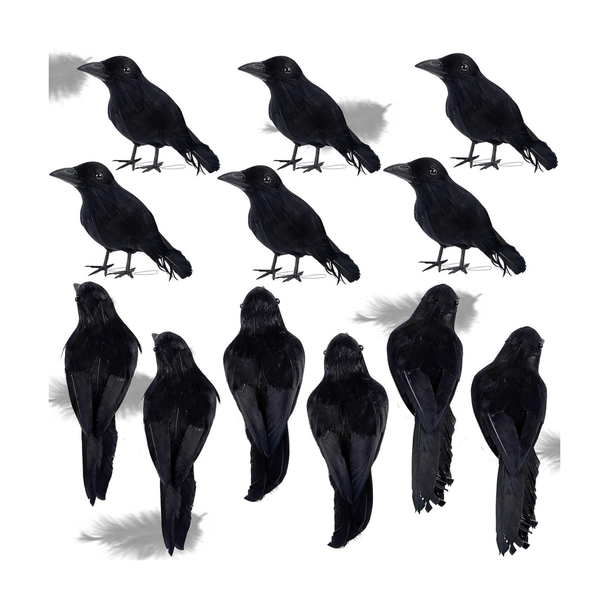 ATDAWN 12 Pack Halloween Black Feathered Crows, Realistic Looking Halloween Birds Decoration