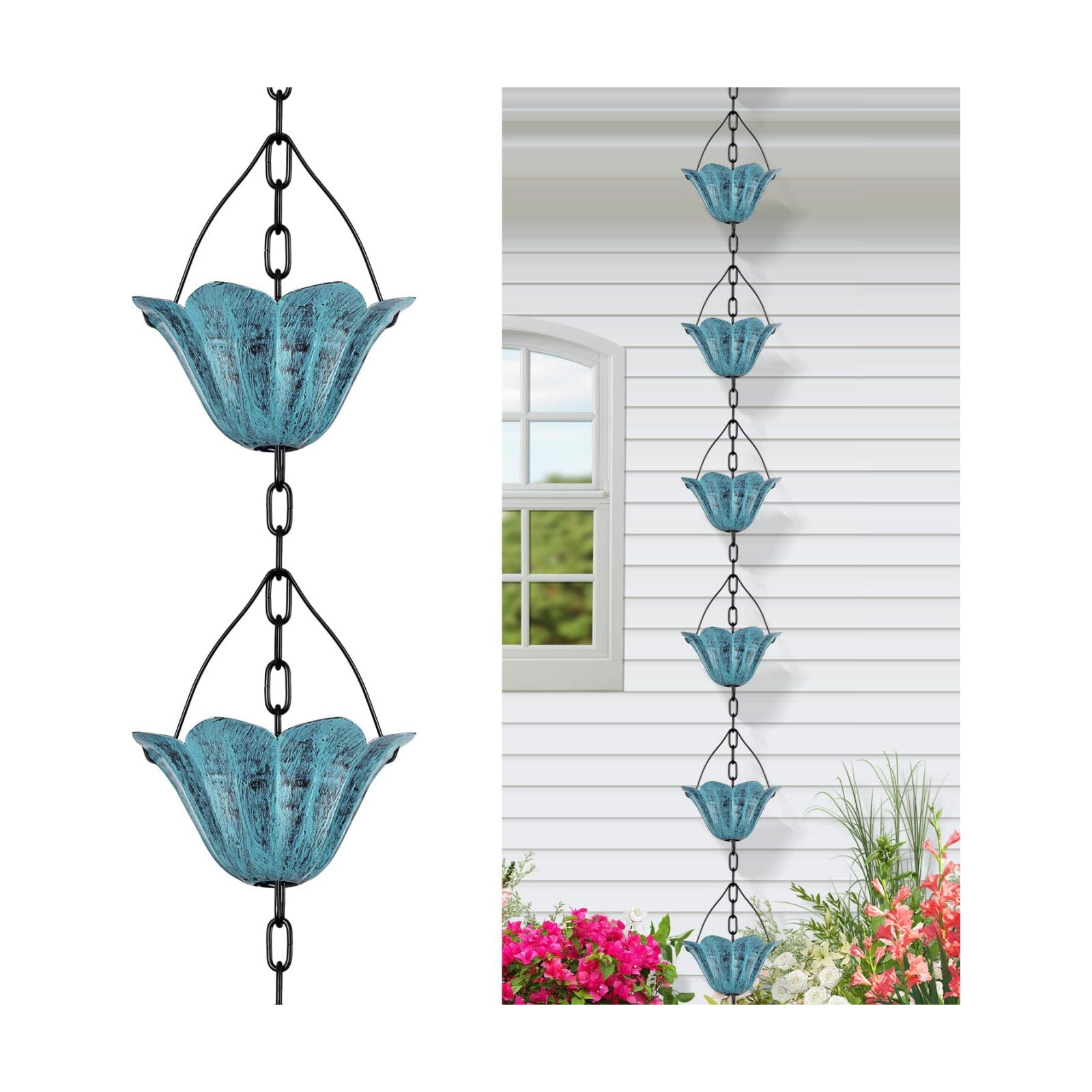 8.5 FT Tulip Rain Chain with 12 Cups for Gutters Downspouts Outside | Metal Material, Large Flower Opening to Avoid
