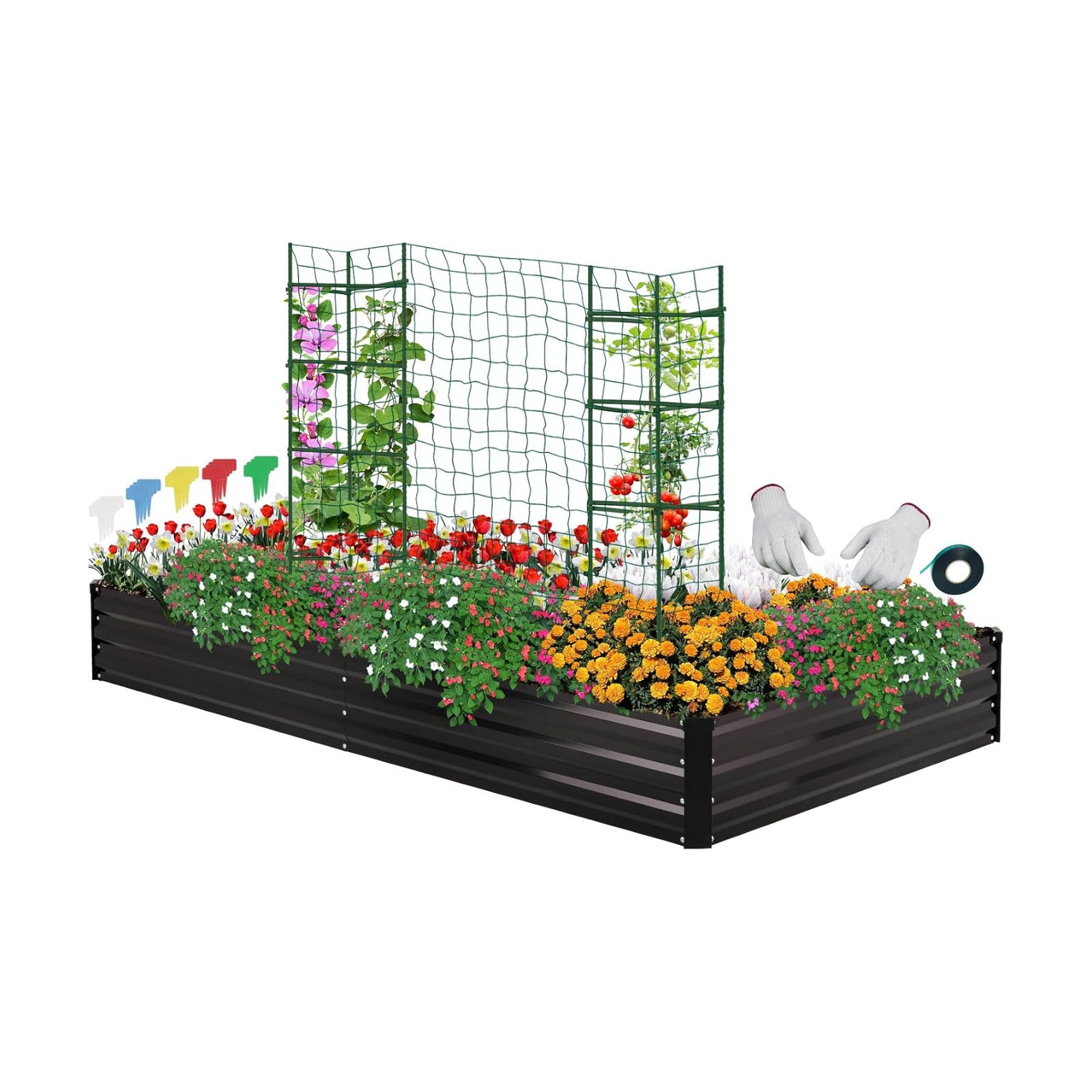 ONCEMORE Galvanized Raised Garden Bed for Vegetables Flowers Herbs, Metal Raised Garden Bed Kit with 2 PCS Tomato Cage