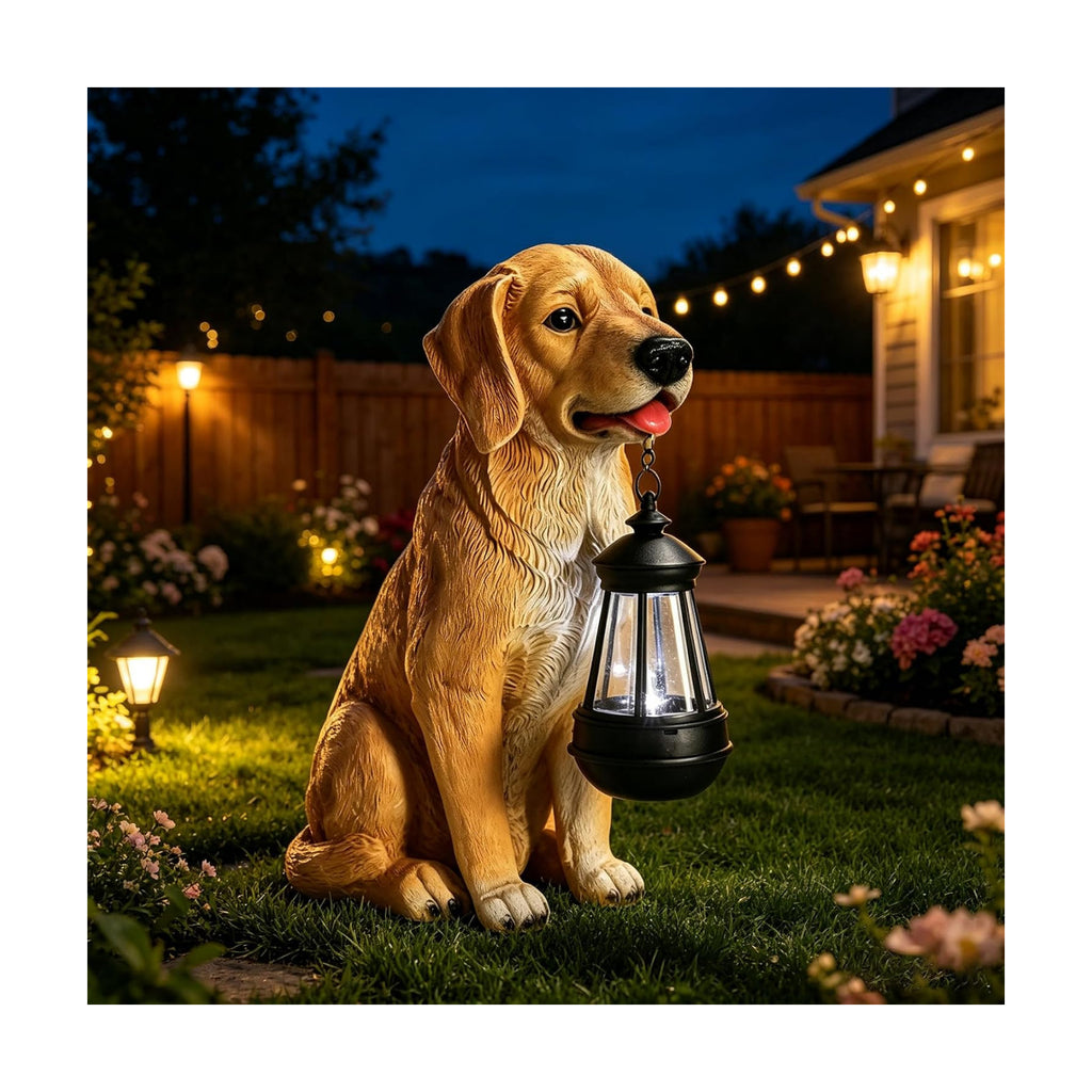 Solar Dog Statue Garden Decor, Golden Retriever Dog Statues Solar Lights | Outdoor Resin Labrador Figurine Holding