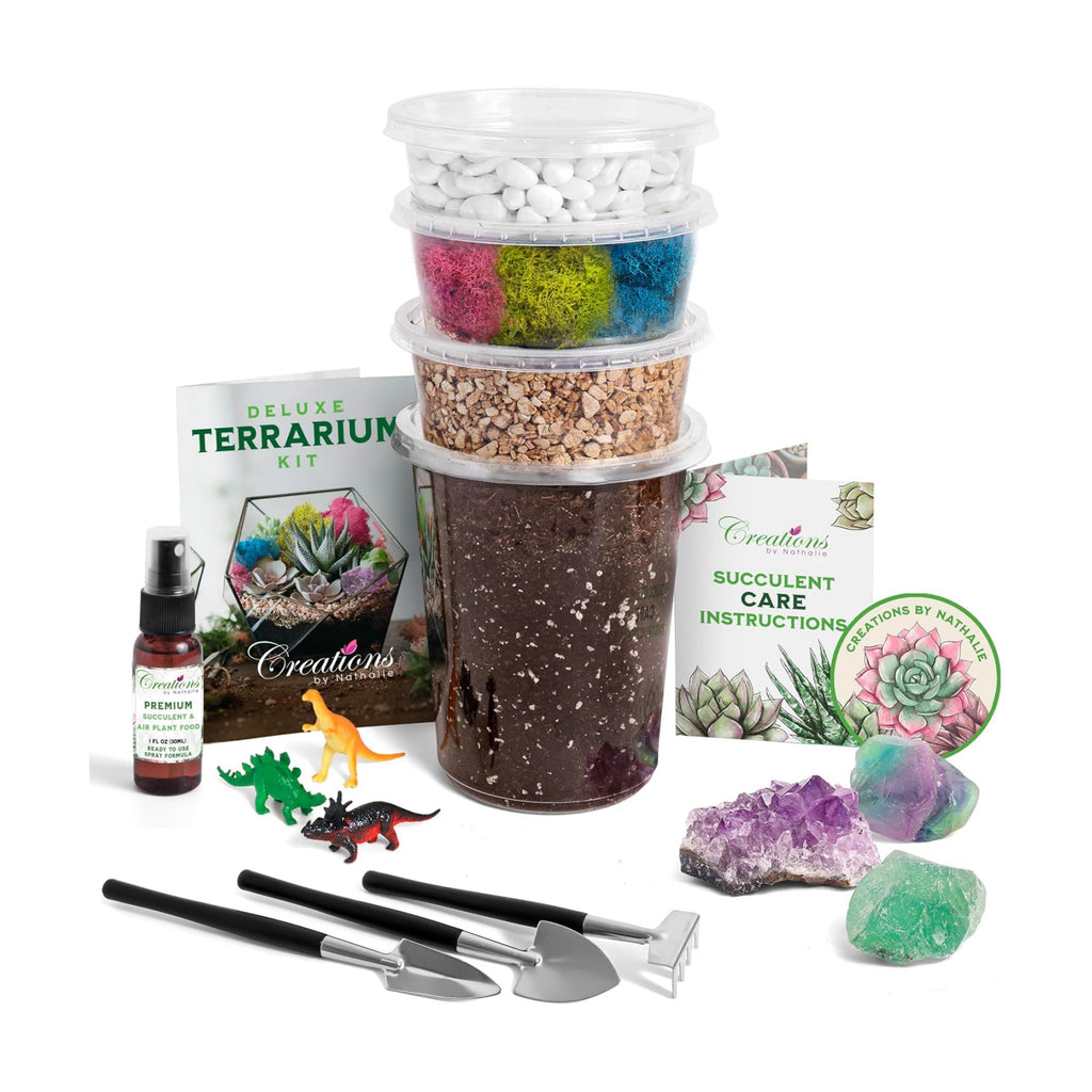 Creations by Nathalie – DIY Large Terrarium Starter Kit with Soil, Moss, Pebbles, Healing Crystal, Tools & Supplies –