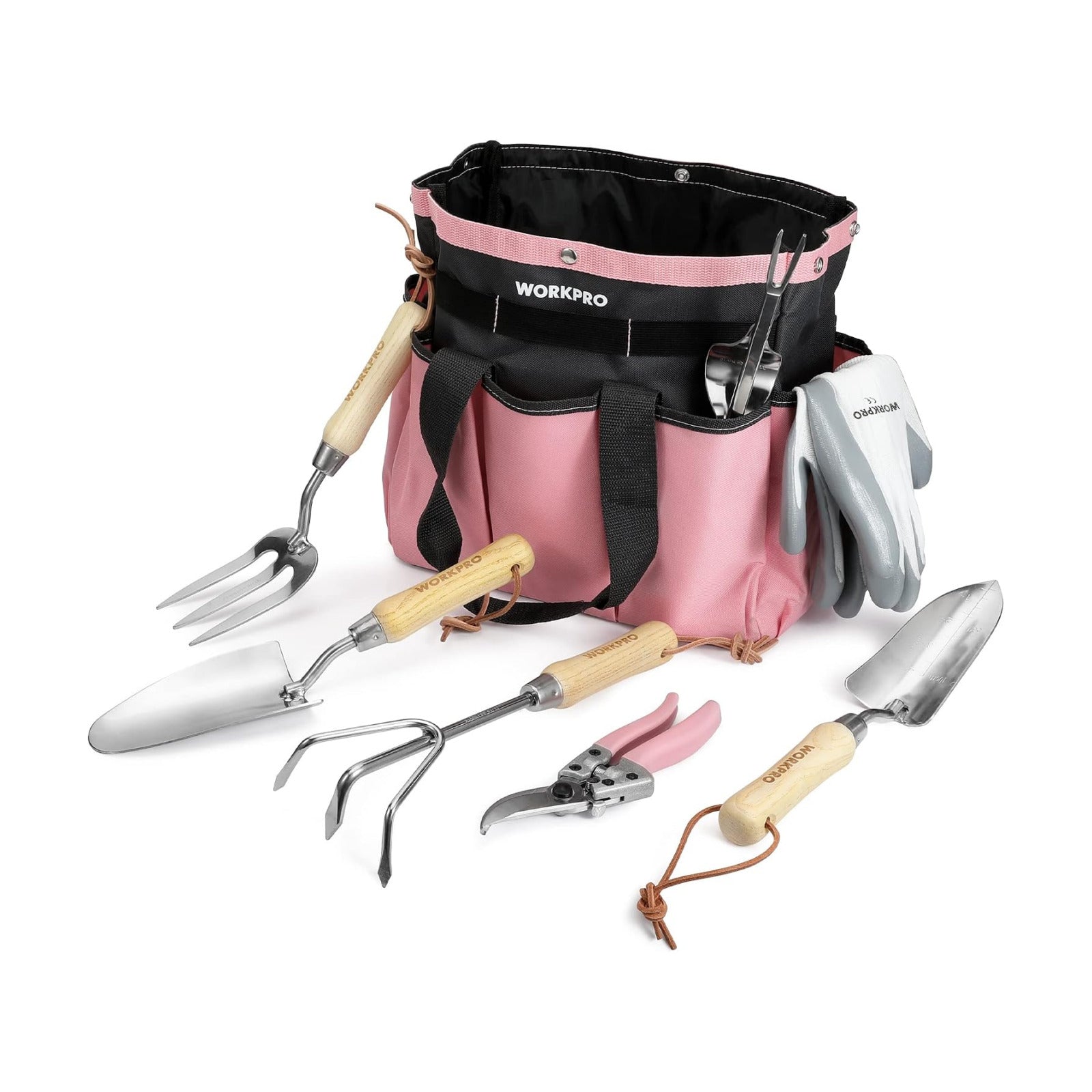 WORKPRO 8-Piece Pink Garden Tool Set - Pink | Stainless Steel, Wood Handle, Including Garden Tote, Gloves, Trowel, Hand