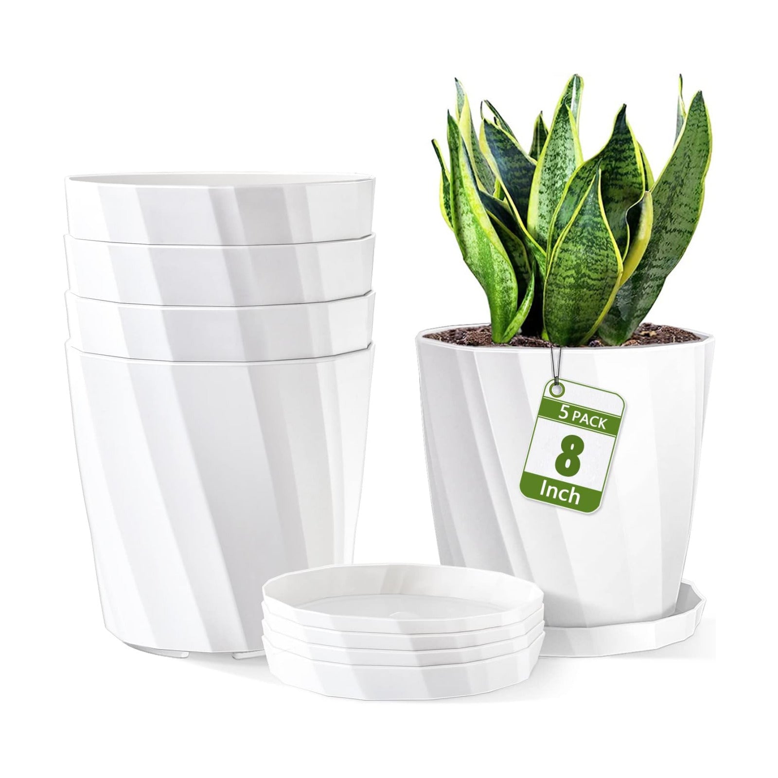8 Inch Plant Pots with Drainage Holes and Saucers - Flower Pots for Indoor Plants - White Plastic Planters for Outdoor