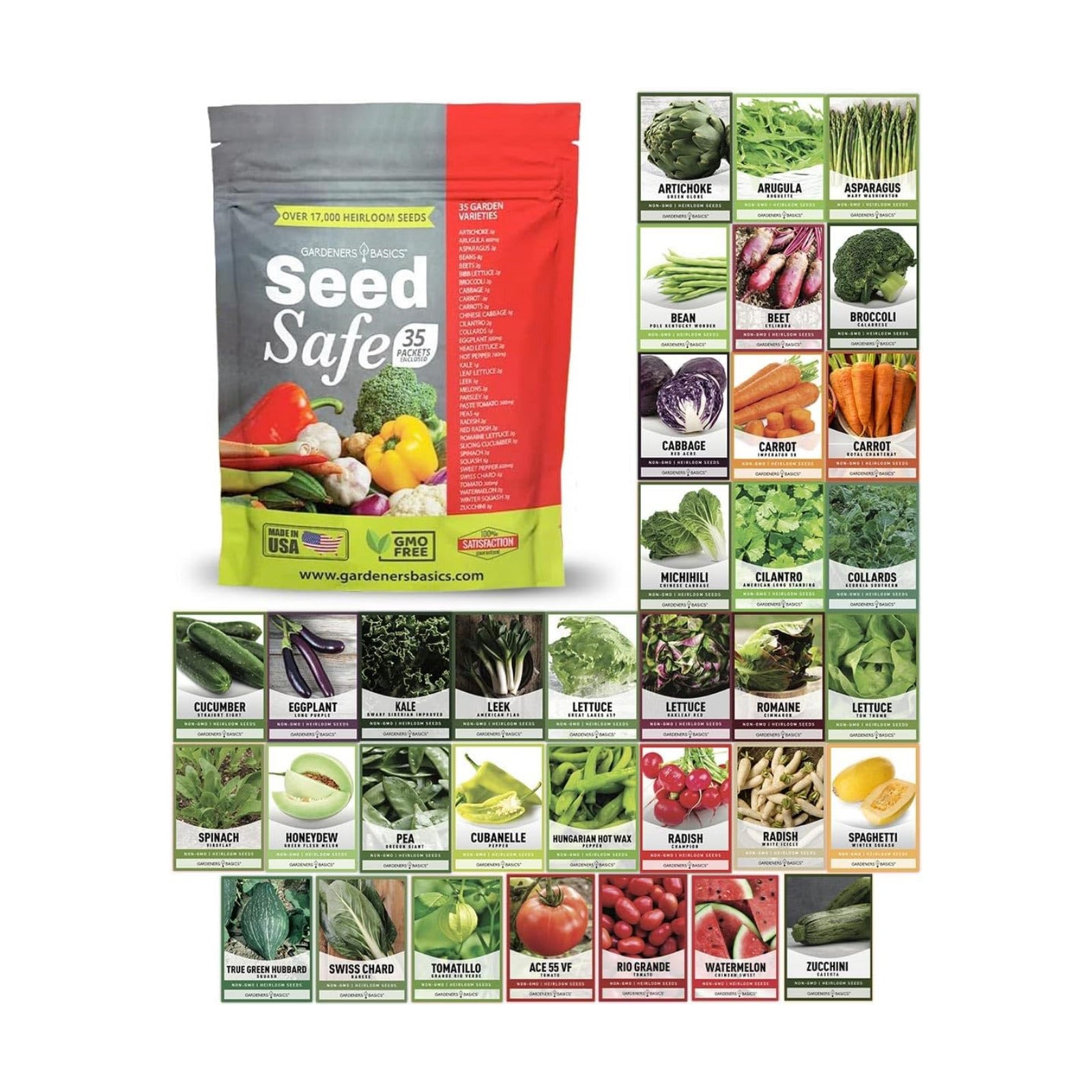 Gardeners Basics Seed Safe Kit - 35 Easy to Grow Heirloom Vegetable Seeds for Beginners - Non GMO Garden Starter Set