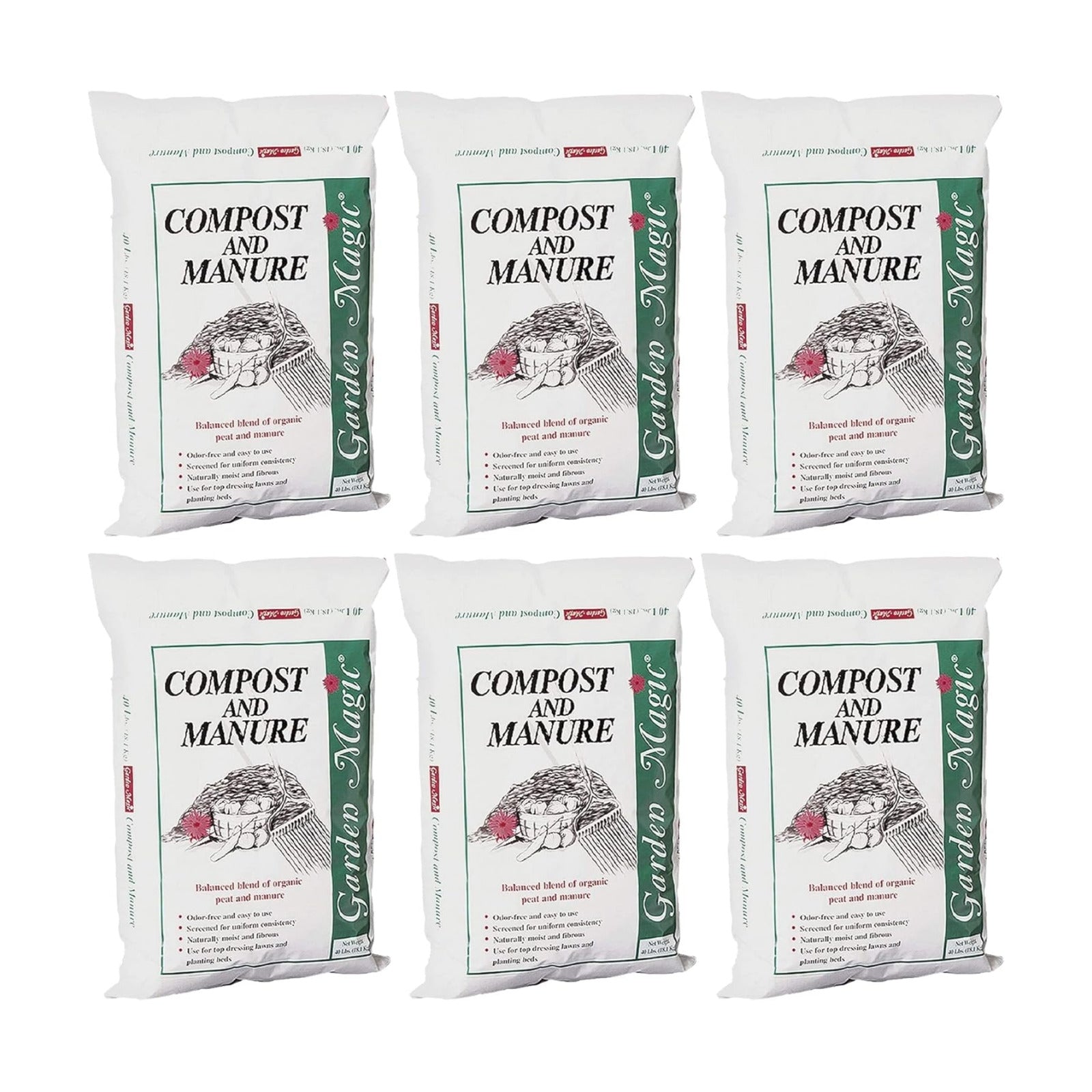 Michigan Peat 6-Pack Compost and Manure Blend, Garden Magic Mix w/Odor-Free Blend, 40 Lbs - Outdoor Lawn and Gardening