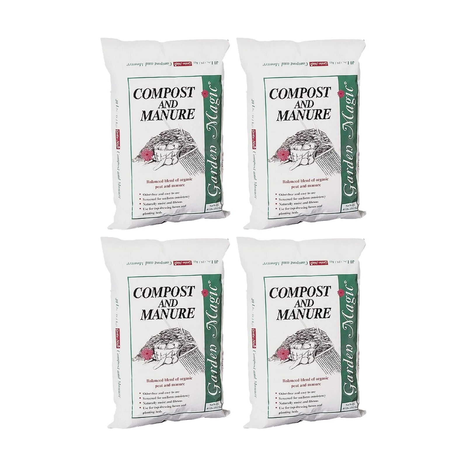 Michigan Peat 4-Pack Compost and Manure Blend, Garden Magic Mix w/Odor-Free Blend, 40 Lbs - Outdoor Lawn and Gardening