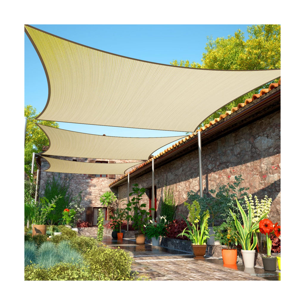 16' x 16' Beige Sun Shade Sail UPF50 Square Canopy Fabric Cloth Screen, Water and Air Permeable & UV Resistant, Heavy