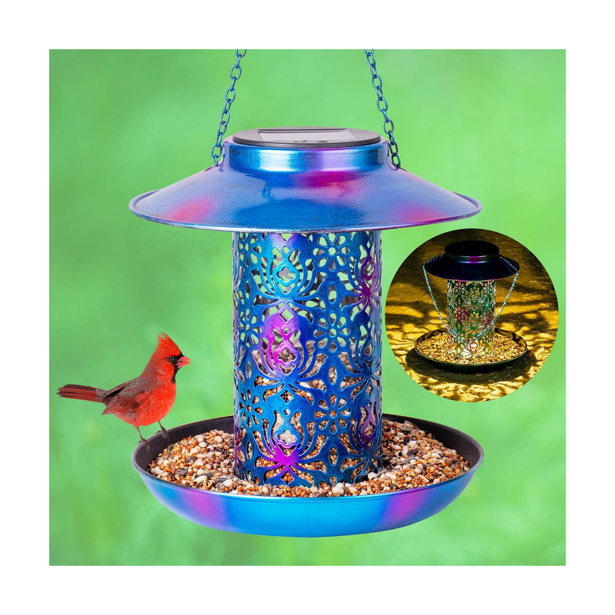 Ottsuls Solar Bird Feeder for Outdoors Hanging, Metal Wild Cardinals Garden Lantern with S Hook, Weatherproof and Water Resistant Birdfeeders as Gift Idea for Women Mom Grandma Bird Lovers (Blue)
