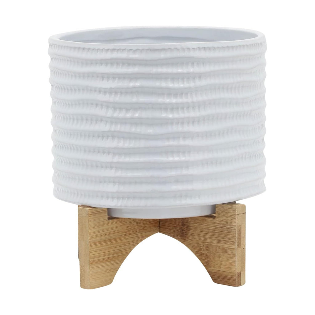 Ceramic Planter with Bamboo Stand – Modern Home Decor Indoor Plant Pot with Textured Stoneware Design – Decorative