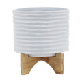 Ceramic Planter with Bamboo Stand – Modern Home Decor Indoor Plant Pot with Textured Stoneware Design – Decorative