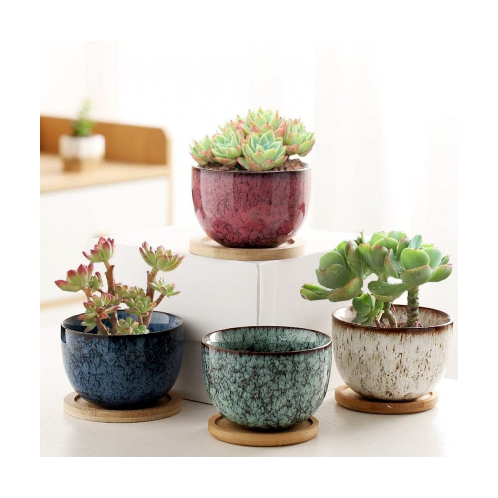 YYW 3 Inch Ceramic Plant Pot Set of 4 with Drainage and Bamboo Tray(Set 2) | Durable Ceramic Flower Pots Perfect for