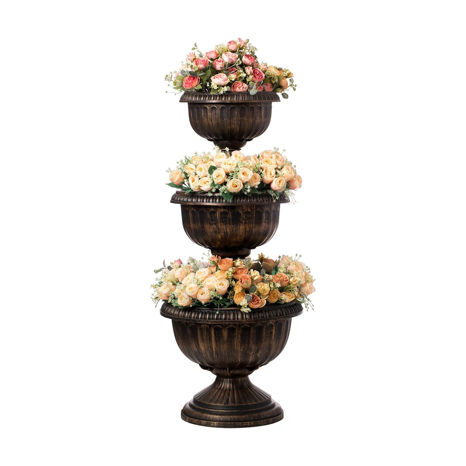 Outdoor Garden Triple Stacked Flower Bowl Urn Tier Planter Decoration, Bronze