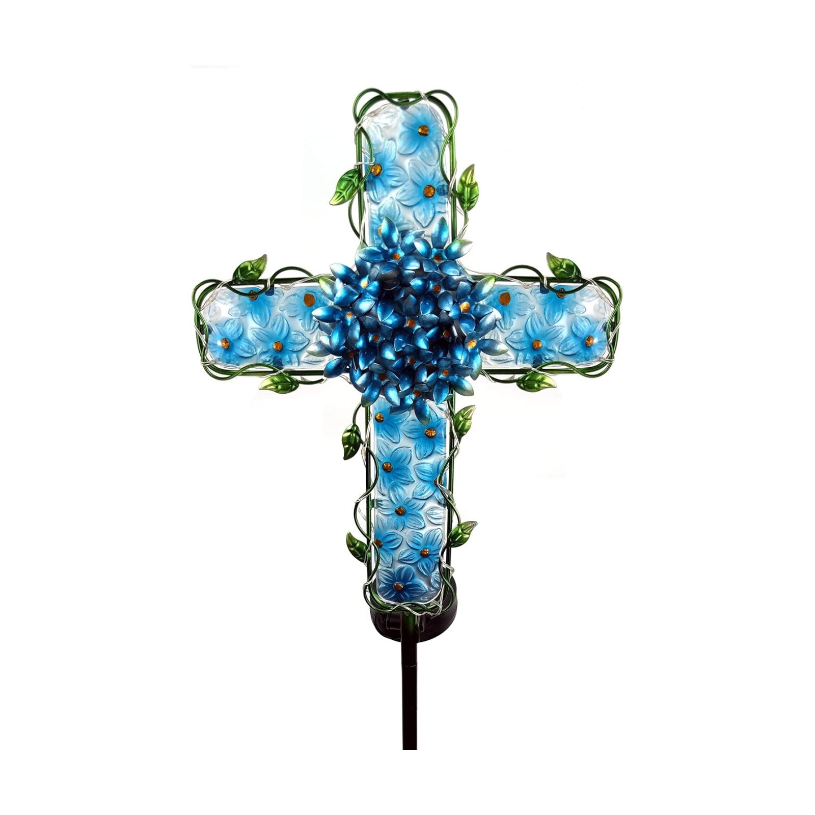 COOZZYHOUR Solar Cross Garden Lights Outdoor Decorative - Solar Metal&Glass Cross Blue Hydrangea Flower Stake Lights