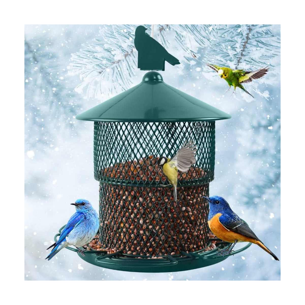 Metal Bird Feeder for Outside Hanging, Bird Feeders Squirrel Proof, 4 Lbs Capacity Iron Mesh Durable Wild Outdoor Birdfeeder with 6 Perches for Finch Cardinals,Gifts for Birds Lovers- Green