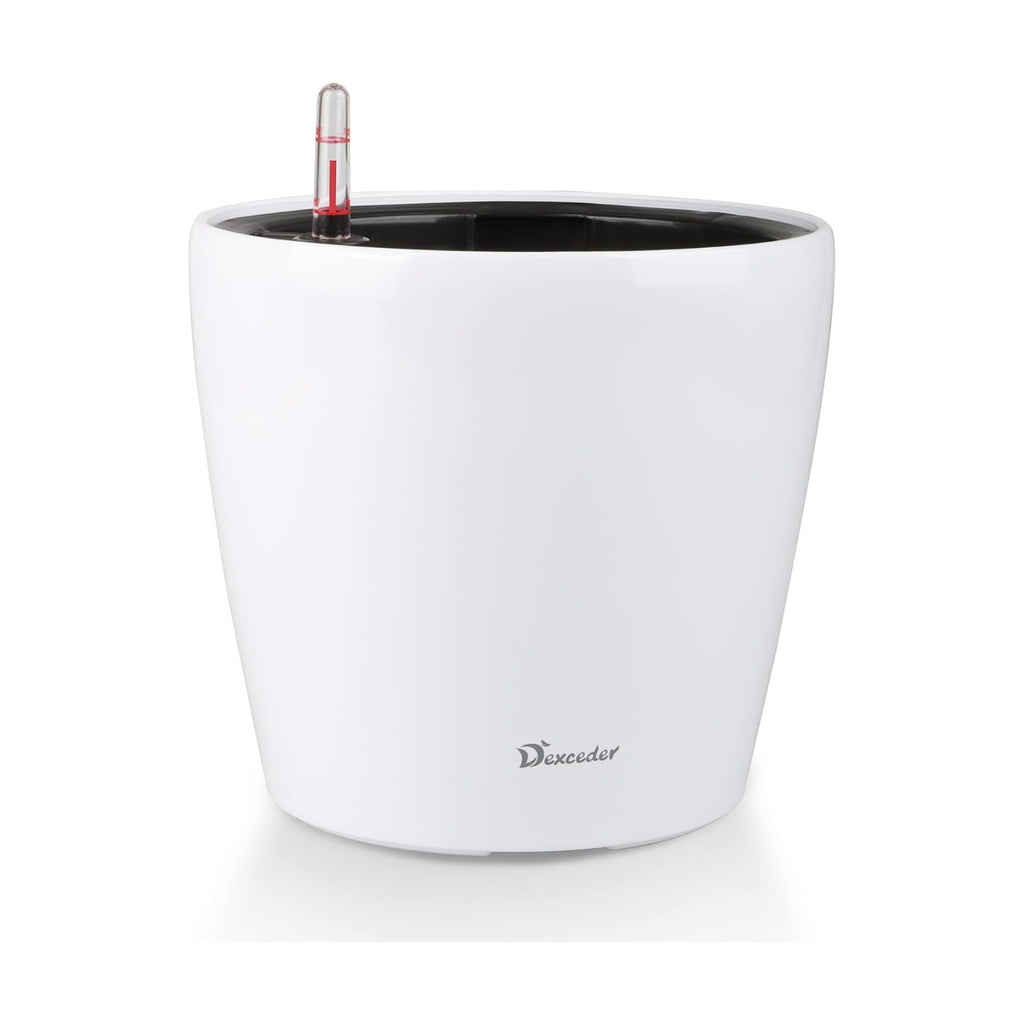 Dexceder 9x8 Self Watering Planter (White High Gloss) | Inner Pot Design, Thickened Table Flower Plant Pot with Water