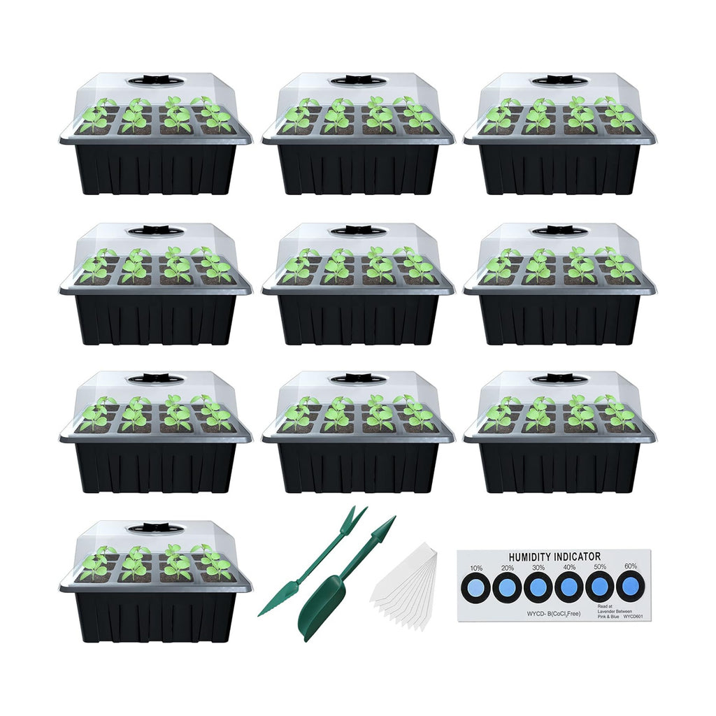 Seed Starter Tray, 10 Pack 12 Cell Seed Starter Kit with Humidity Dome, Reusable Plant Trays for Seedlings, Germination Kit with Humidity Strip for Plant Growing, Starter Pots for Planting