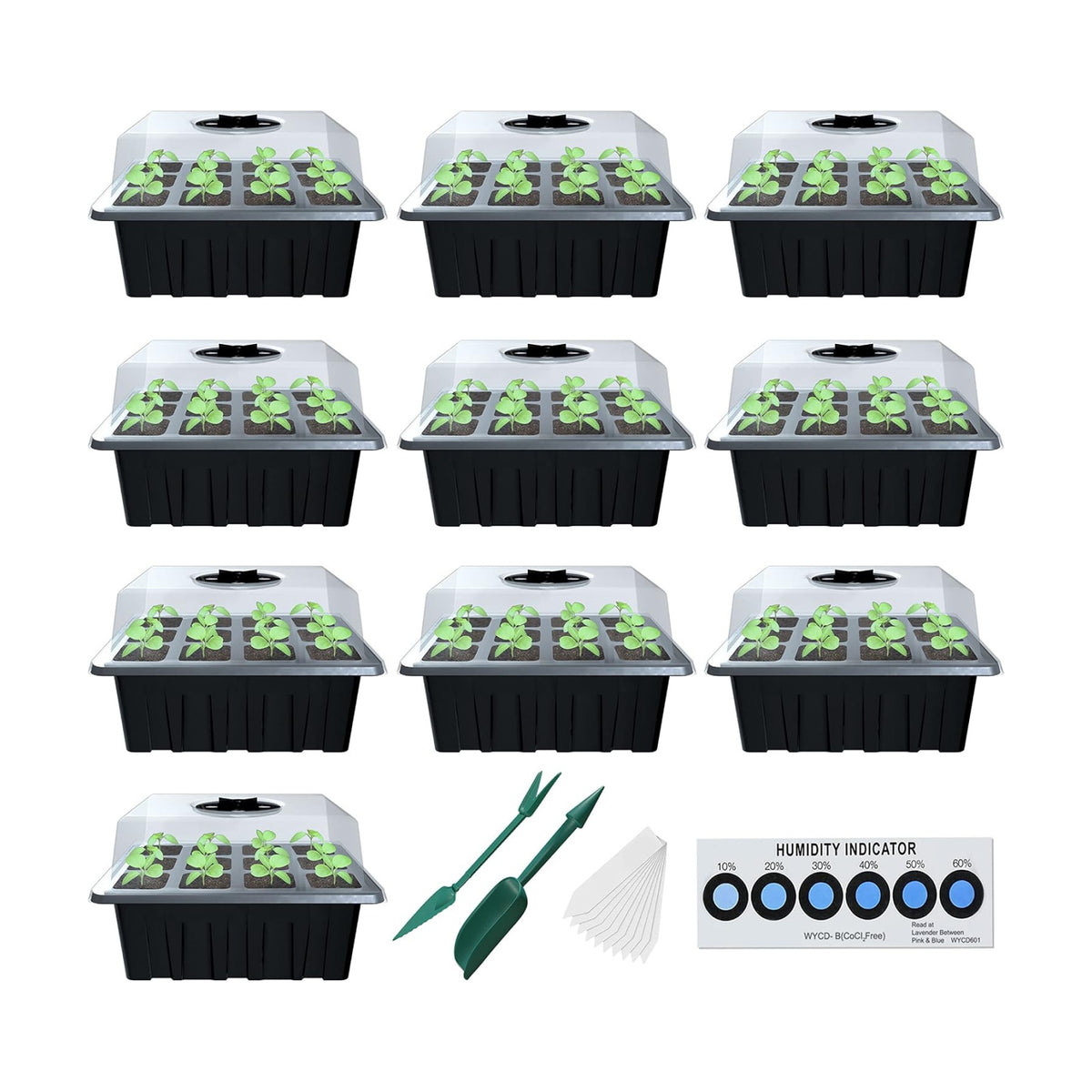 Seed Starter Tray, 10 Pack 12 Cell Seed Starter Kit with Humidity Dome, Reusable Plant Trays for Seedlings, Germination Kit with Humidity Strip for Plant Growing, Starter Pots for Planting