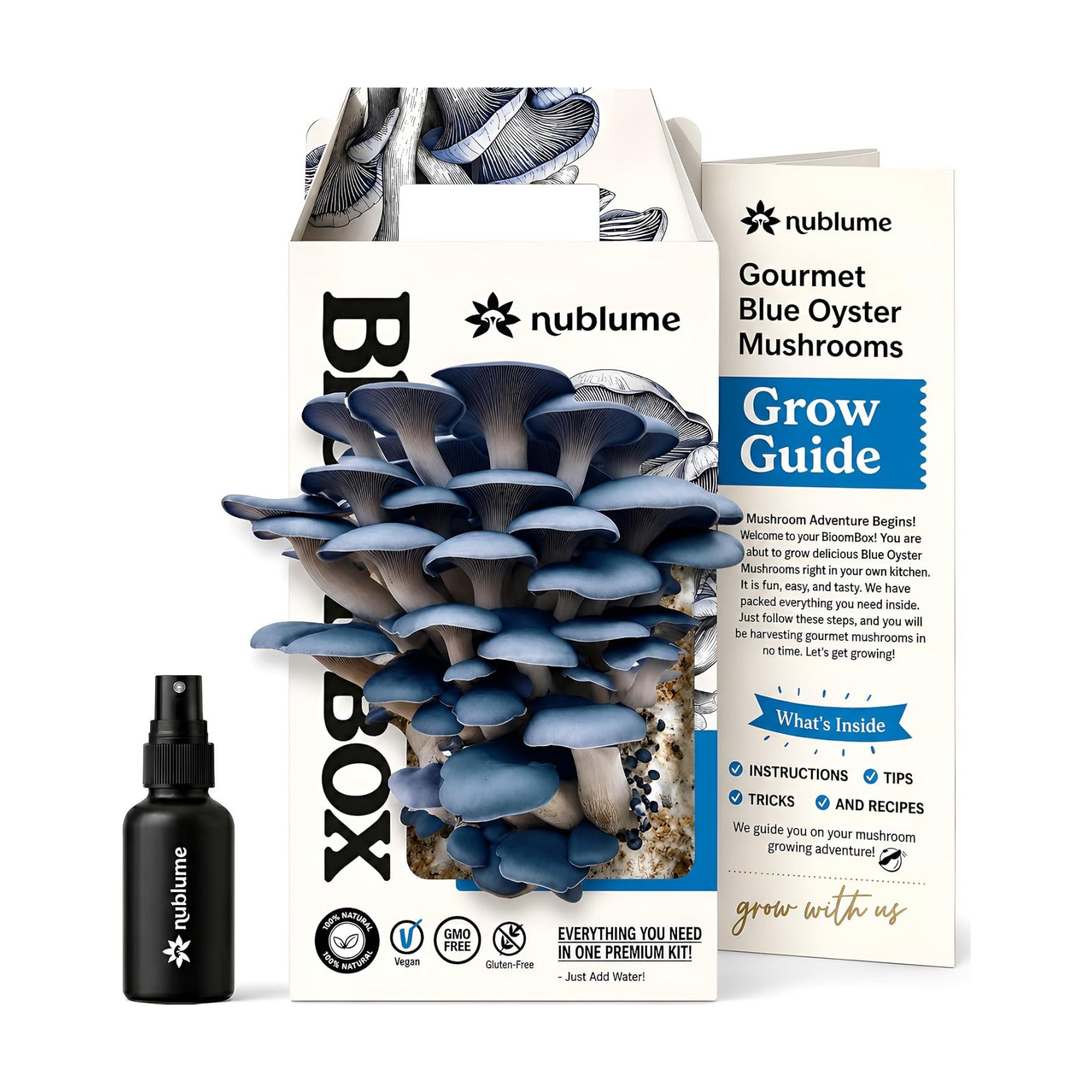 BloomBox Blue Oyster Mushroom Grow Kit – Spray & Grow – Pre-Inoculated Indoor Mushroom Farm – Beginner Friendly –