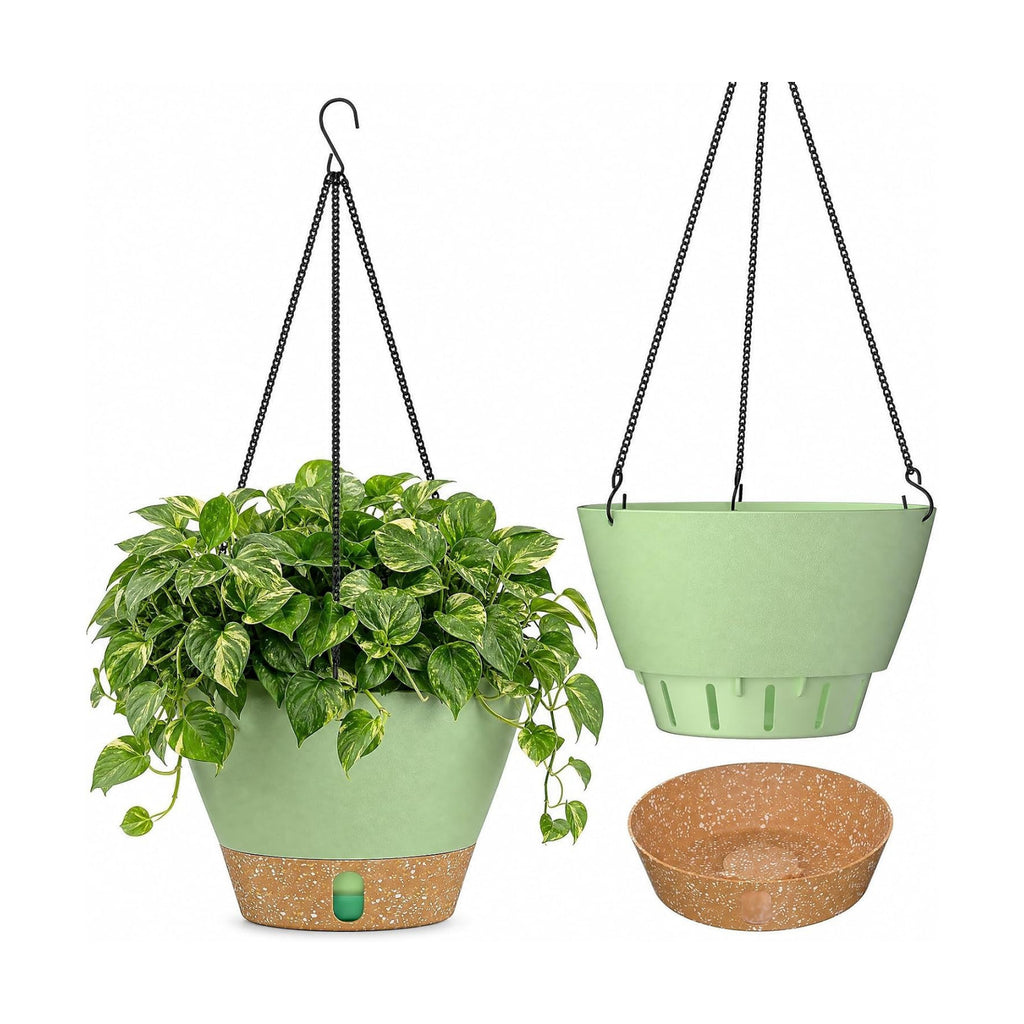 ZMTECH 2 Pack 10 Inch Hanging Baskets for Plants Outdoor Indoor, Modern Green Planters with Water Level Window & Metal