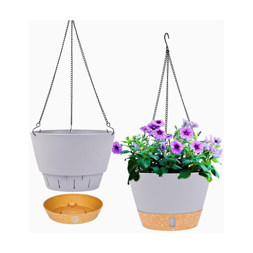 QCQHDU 2 Pack 10 Inch Hanging Planters for Indoor Outdoor Plants, Hanging Baskets Flower Pots with Reservoir Tray &