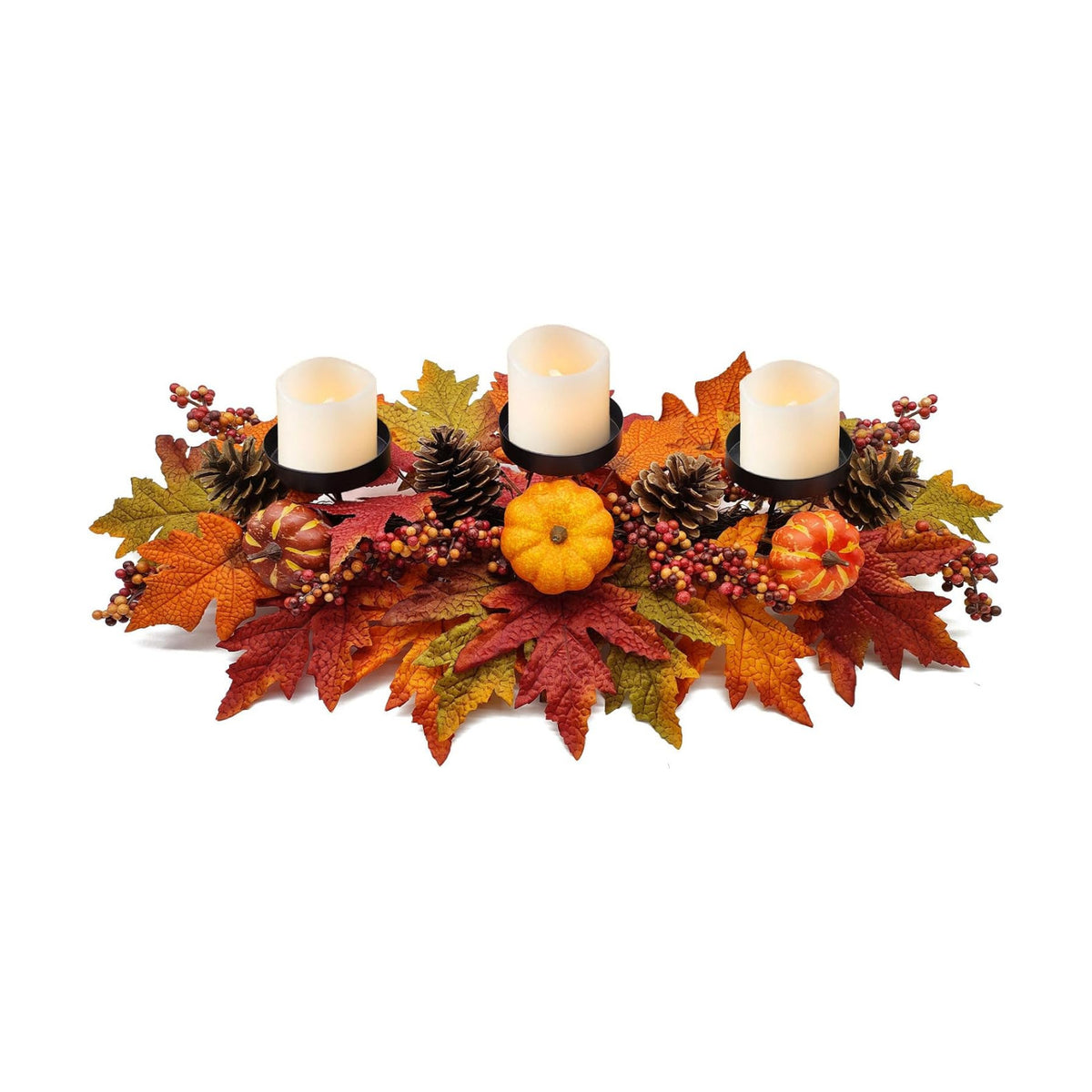 Thanksgiving Centerpiece Fall Table Decorations, Artificial Pumpkins, Pine Cones, Maple Leaves and Berries, Harvest Table Candle Holder for Dinning Table, Fireplace Mantel (Candle Not Included)