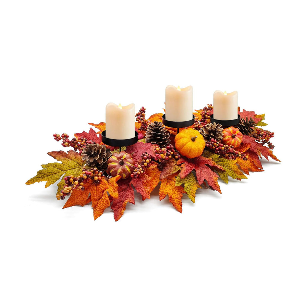 Fall Centerpiece Table Decorations, 27.5'' L Assorted Artificial Pumpkins, Pine Cones, Berries, and Autumn Leaves Harvest Table Candle Holder for Dinning Table, Fireplace Mantel (Candle Not Included)