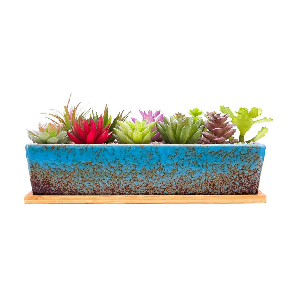 Succulent Pots - 12.1 Inch Large Succulent Planters Pots with Drainage Tray, Long Rectangle Ceramic Pot for Indoor