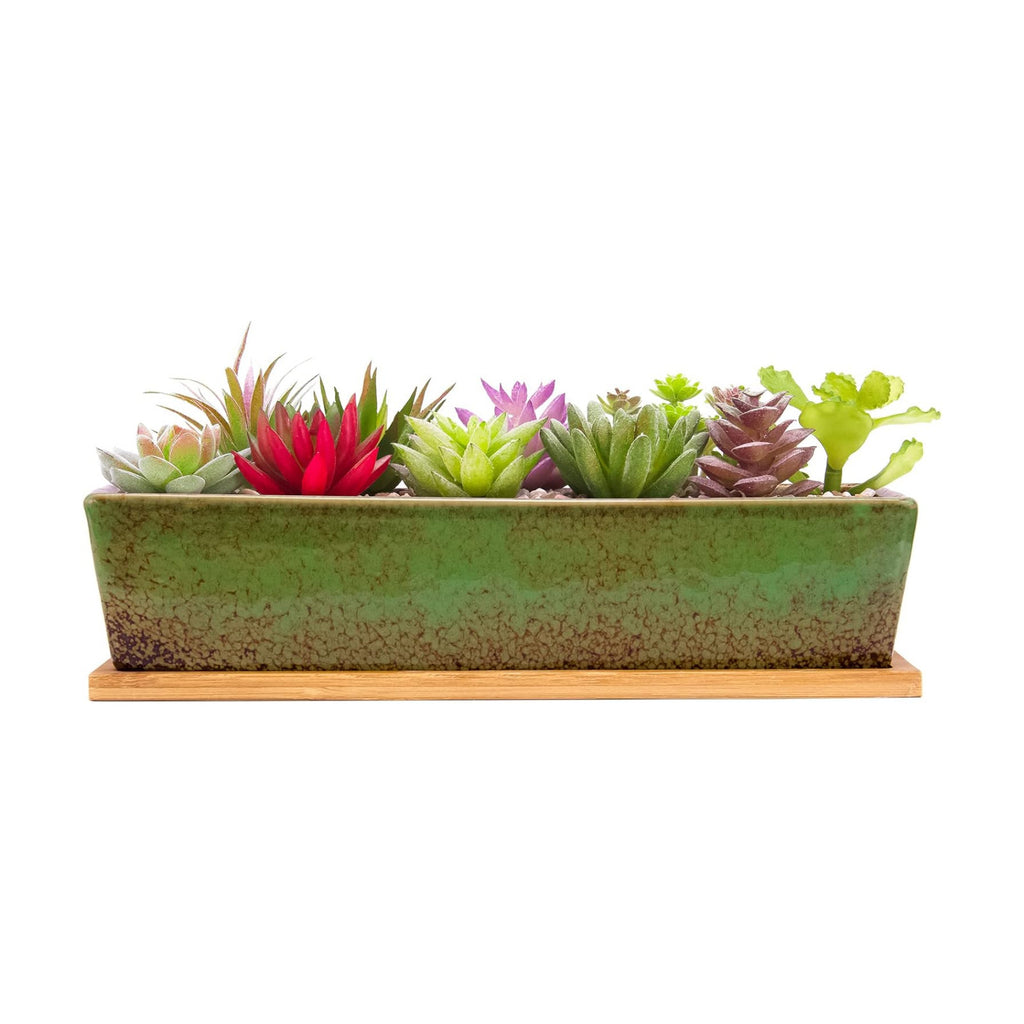 Artketty 12.1 Inch Large Succulent Planters Pots with Drainage Tray, Long Rectangle Ceramic Pots for Indoor