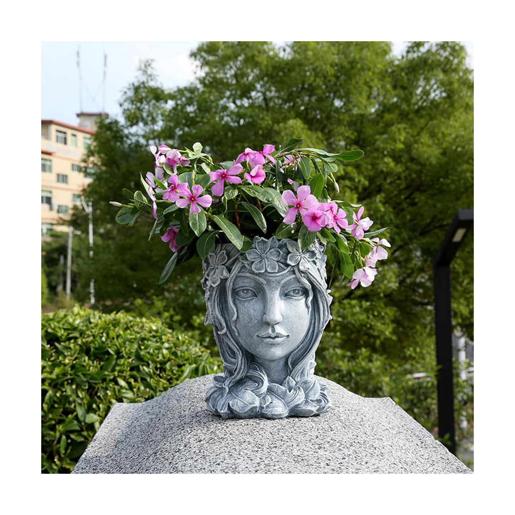 Face Flower Pot Head Planter with Drainage Hole,Cute Resin Goddess Face Planters Pots Opend Eyes (Goddess Gray(Large))