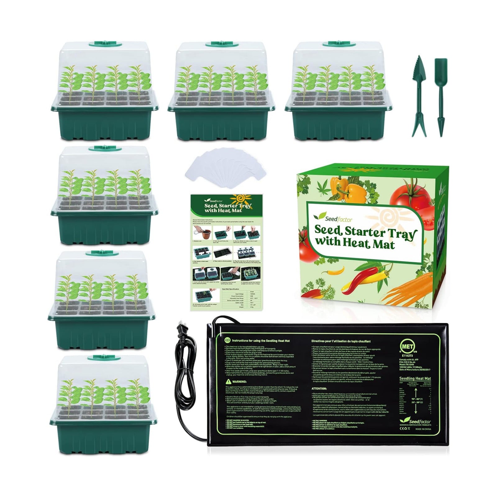 7-Pack Seed Starter Tray with Heat Mat (12 Cells per Tray), Plant Germination Trays with Adjustable Humidity Dome Seed
