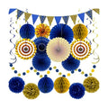 24 Pcs Blue Gold Party Decorations, Paper Fans Pom Poms Banner