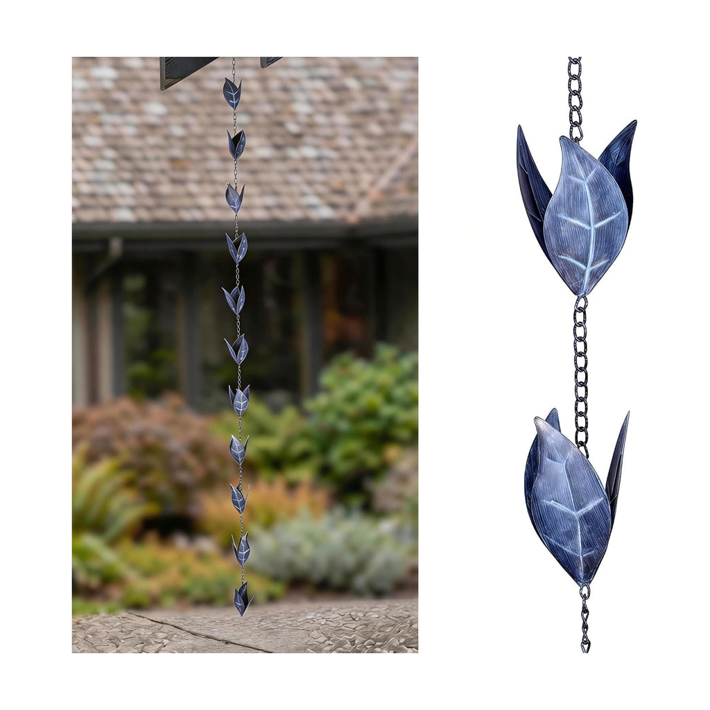 Topadorn Rain Chain for Gutters, 8.5FT Leaf Rain Chain, Blue Patina | 8.5FT Rain Chain • Leaf Cup Design • Blue Patina
