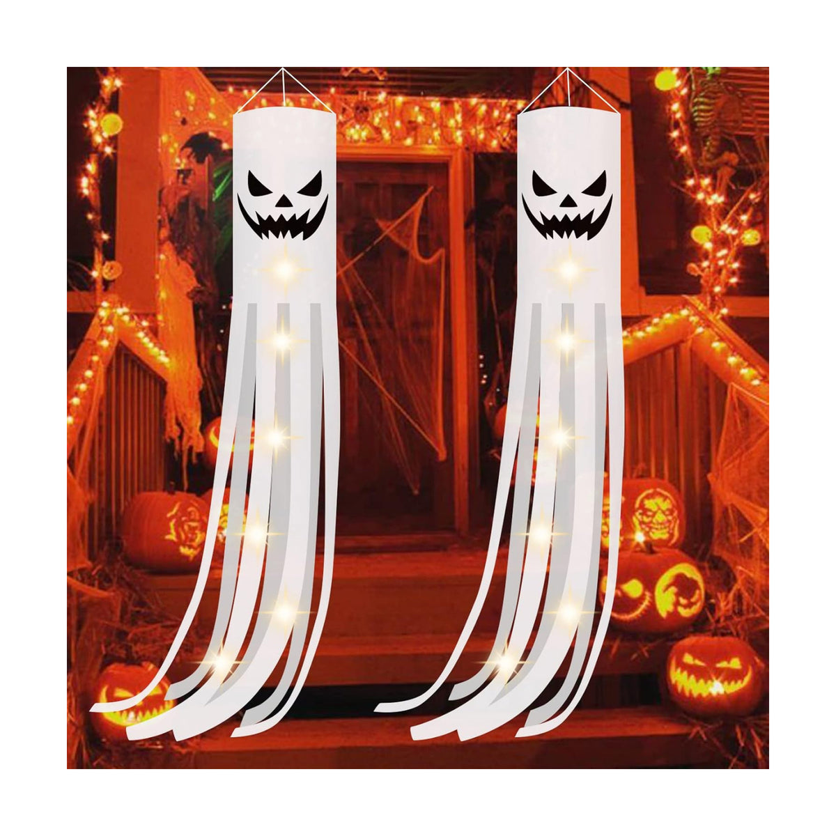 CCINEE 2 Pack Halloween Ghost Windsock Flag with Lights, 70.8 Inch Glow in The Dark Halloween Outdoor Hanging Decor for Yard Patio Garden Pathway Party Decoration(2024 Upgraded)