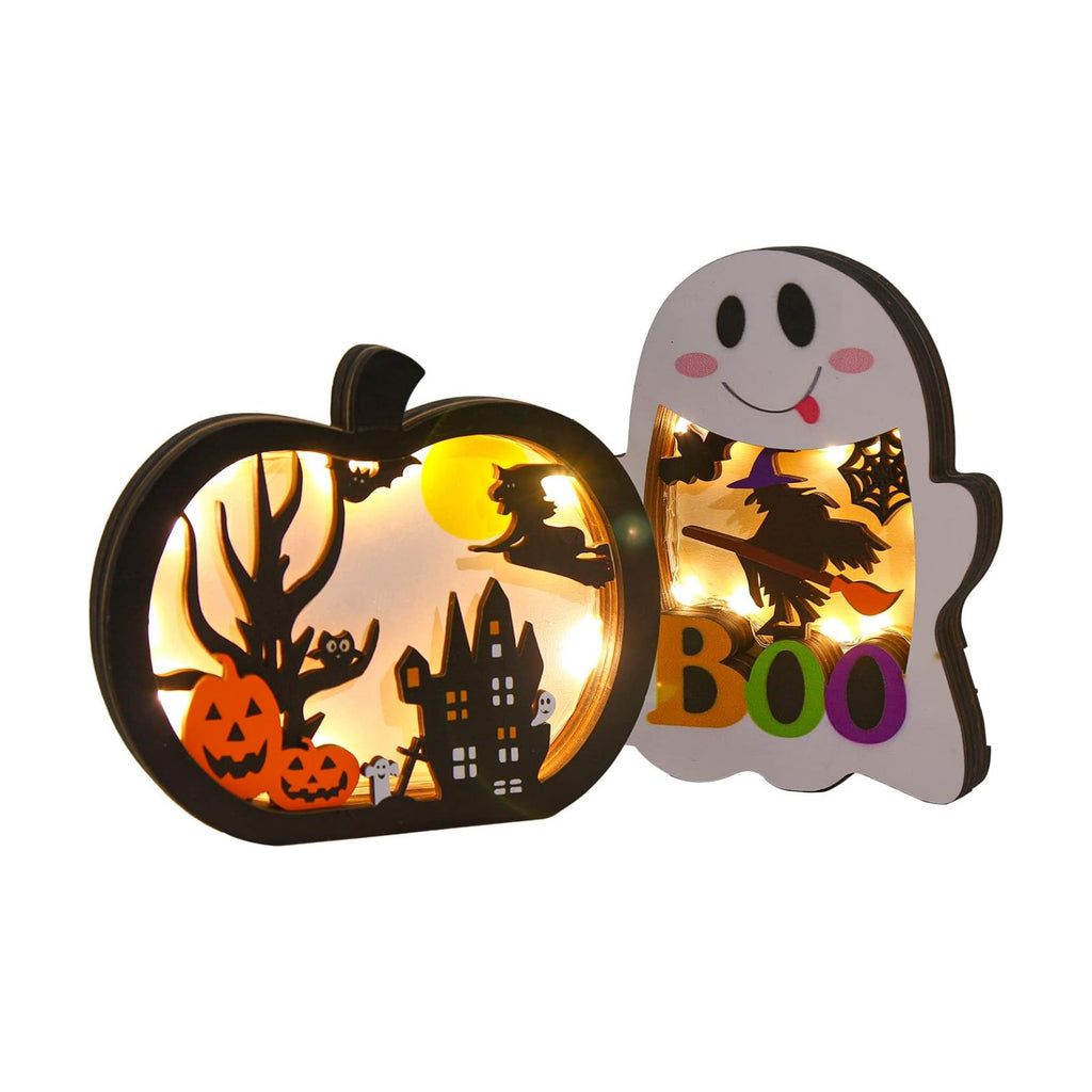 SULOLI Halloween Wooden Lighted Pumpkin for Tabletop, 2pcs Light Up Pumpkin Ghost Lamp Lantern Shadow Box Halloween Table Decorations Ornament