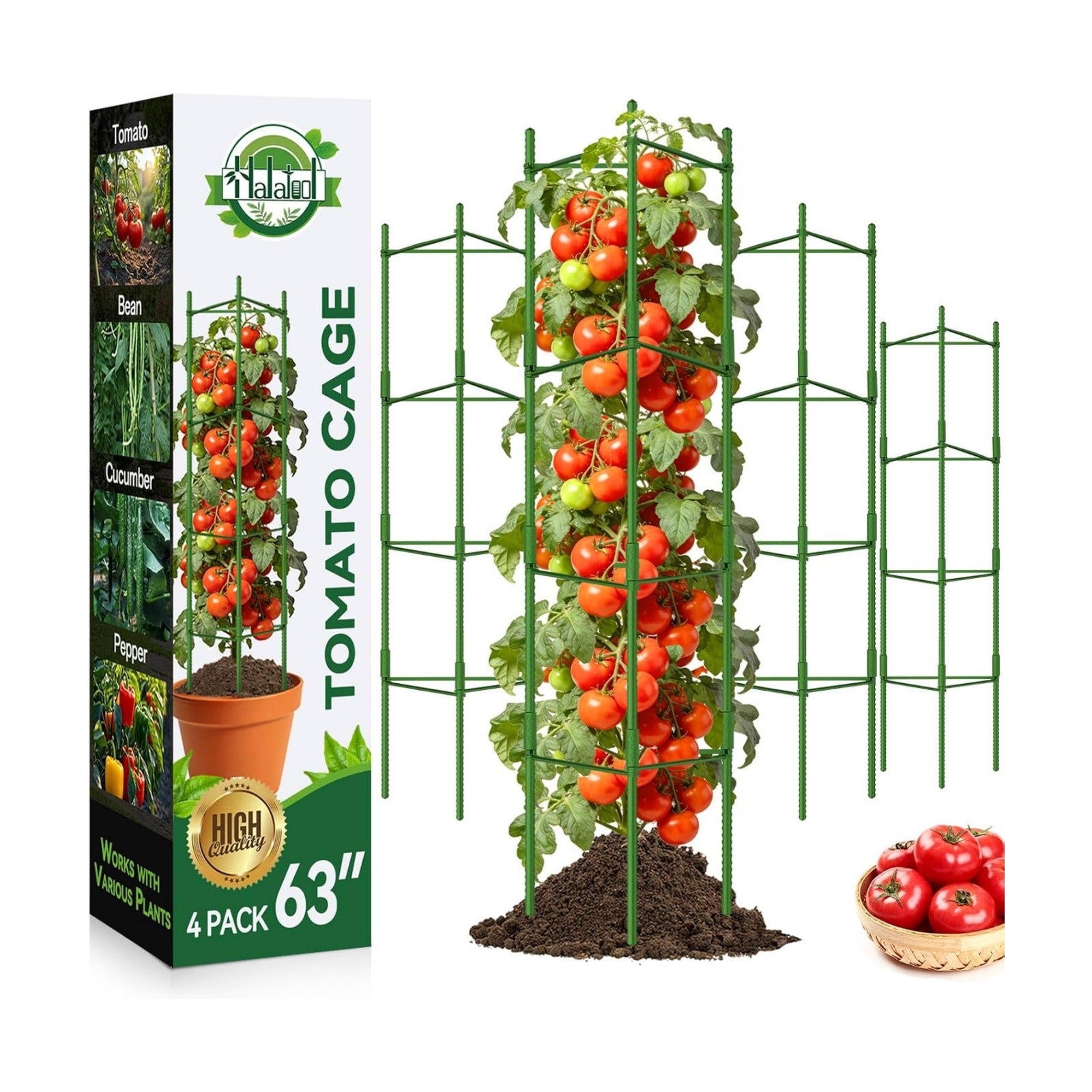 Halatool 4 Pack Tomato Cages for Garden, Up to 63 inch(5.2FT) | Adjustable Tall Garden Stakes Tomato Trellis for Pots