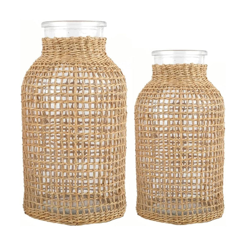 DOITOOL Glass Vase Set with Rattan Cover, Wicker Flower Vase for Home Decor, Boho Decorative Pitcher with Clear Glass Interior, Rustic Farmhouse Table Centerpiece for Floral Arrangements (S+L)