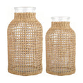 DOITOOL Glass Vase Set with Rattan Cover, Wicker Flower Vase for Home Decor, Boho Decorative Pitcher with Clear Glass Interior, Rustic Farmhouse Table Centerpiece for Floral Arrangements (S+L)