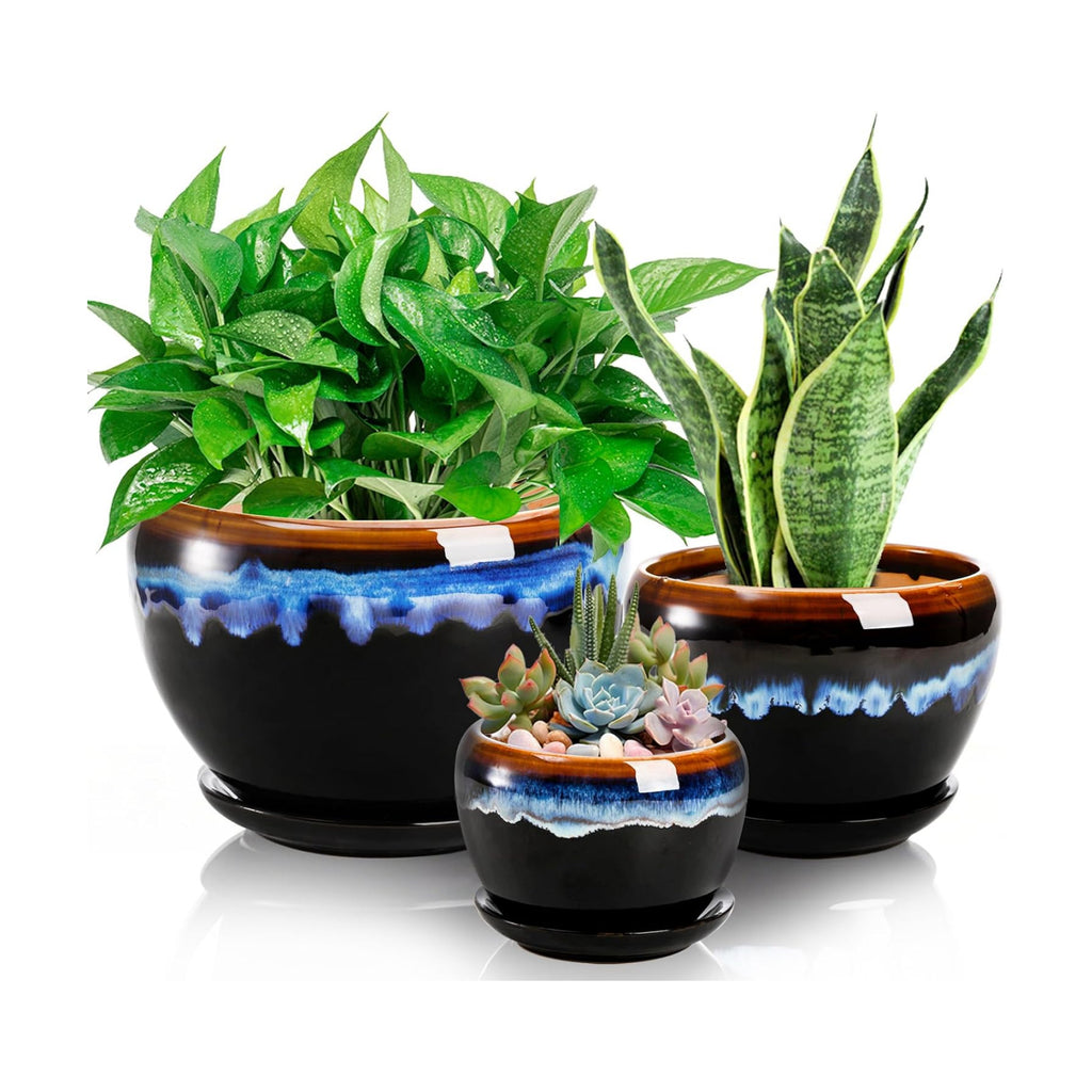 AVLA 3 Pack Ceramic Flower Pots, Gardening Drip Glazed Planter, Plant Pot with Drainage Hole and Saucer, 7/5/4 Inch